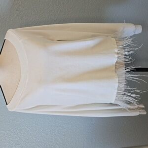 HIPPE BEACHBUM Off White Boatneck Velour Pullover Top w/Marabou Feathers LARGE